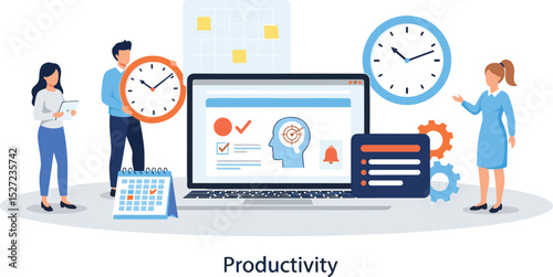AI technology infographic. Characters use artificial intelligence, algorithms, generative tools to work with tasks, checklists, schedules and increase