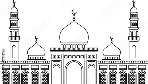 Elegant minimalist vector illustration of a mosque with intricate architectural details and twin minarets