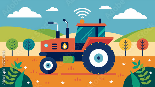A smart tractor equipped with AI technology to analyze soil conditions and adjust the amount and type of seeds fertilizer and pesticides for each specific area of the field.. Vector illustration