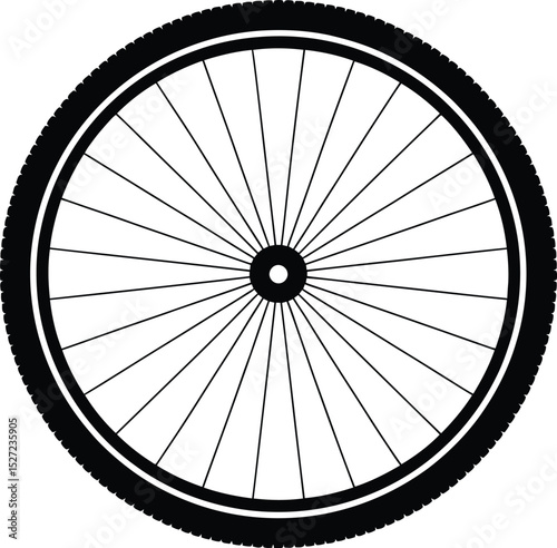 Black and white illustration of a bicycle wheel perfect for designs related to cycling and sport