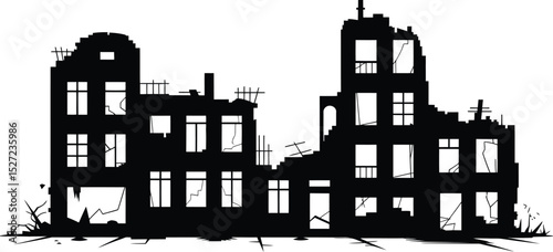 Silhouette of destroyed buildings depicting the aftermath of war and destruction for visual storytelling