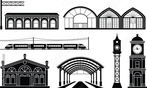 A collection of stylized black and white silhouettes of railway stations and trains