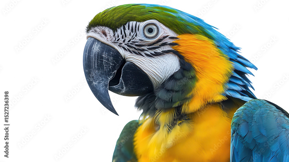 Obraz premium Vibrant Close-Up Portrait of a Colorful Macaw Against a PNG transparent background