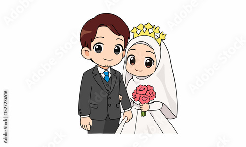 Happy cute couple wedding cartoon illustration
