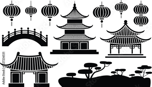 Silhouette collection of traditional chinese architecture elements pagodas and paper lanterns design