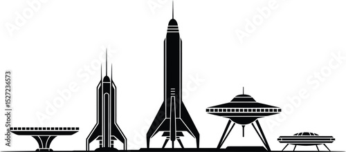 Silhouetted futuristic cityscape featuring various spacecraft and architectural designs