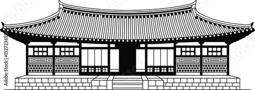 Traditional korean temple architecture black and white vector illustration design