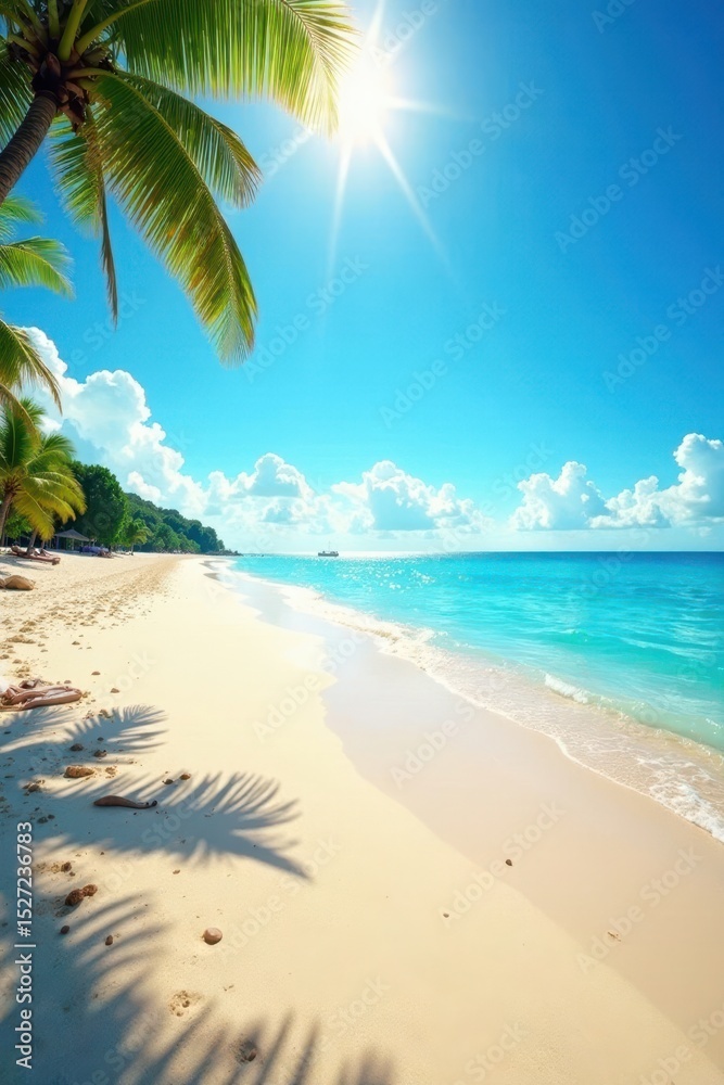 Obraz premium Sun-drenched empty beach, azure sky, fine sand , peaceful, sand