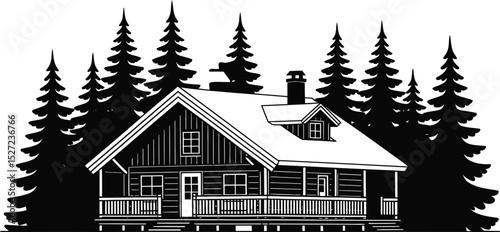 A detailed black and white illustration of a cabin surrounded by evergreen trees in the wilderness