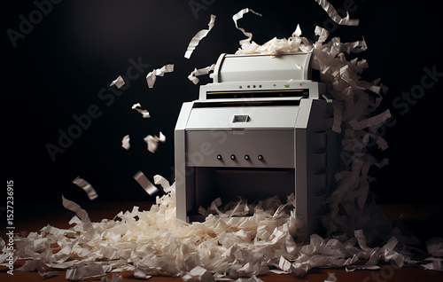 Paper shredder in Action: A state-of-the-art paper shredder in operation, spewing shredded paper against a dark background.