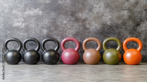 Row of colorful kettlebells