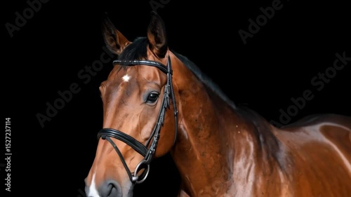 Elegant brown horse head with black mane and bridle against a dark background, showcasing the animal's beauty and grace.