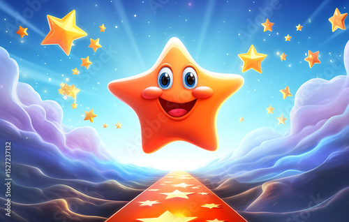 Smiling Star in Night Scene: A whimsical, glowing star-shaped lantern with a smiling face sits amidst sparkling lights and a dark, mysterious background. The scene evokes a sense of wonder and magic.