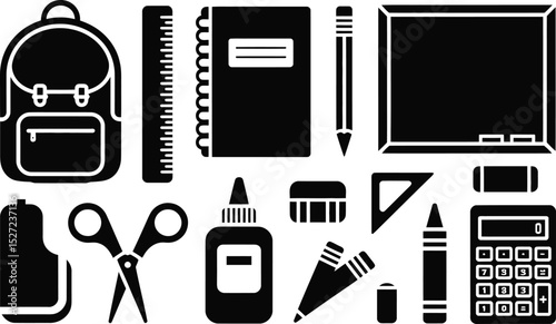 Black and white school supplies collection includes backpack notebook pencil and calculator illustrations