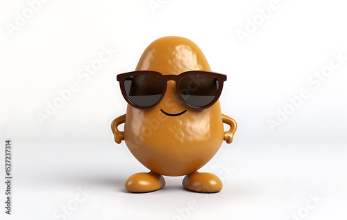 cheerful chocolate drop character with expressive eyes and a wide smile, melting slightly on a dark wooden surface against a warm orange background.