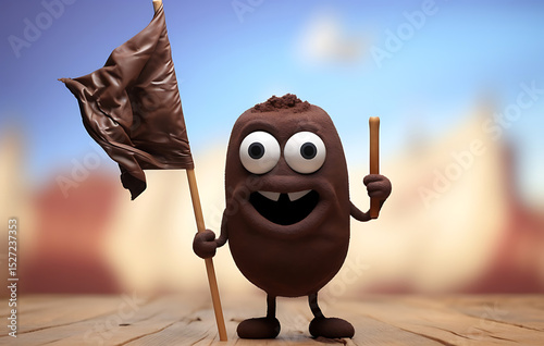 cheerful chocolate drop character with expressive eyes and a wide smile, melting slightly on a dark wooden surface against a warm orange background.