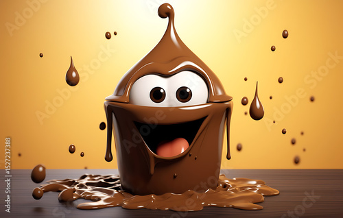 cheerful chocolate drop character with expressive eyes and a wide smile, melting slightly on a dark wooden surface against a warm orange background.