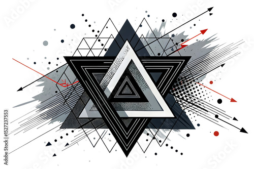 An abstract digital composition on a transparent background featuring chaotic, overlapping black and gray geometric lines, scratches, and textures
