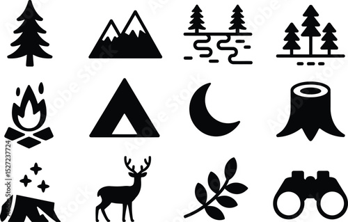 Camping and nature icons silhouettes representing adventure outdoor exploration and forest scenes