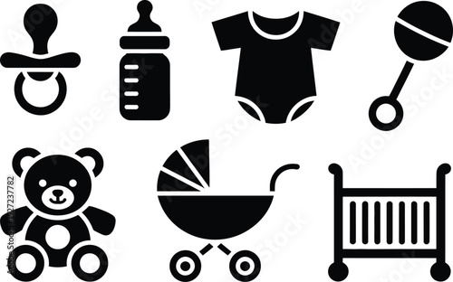 Black silhouette illustrations of baby essentials and accessories for childhood and early development