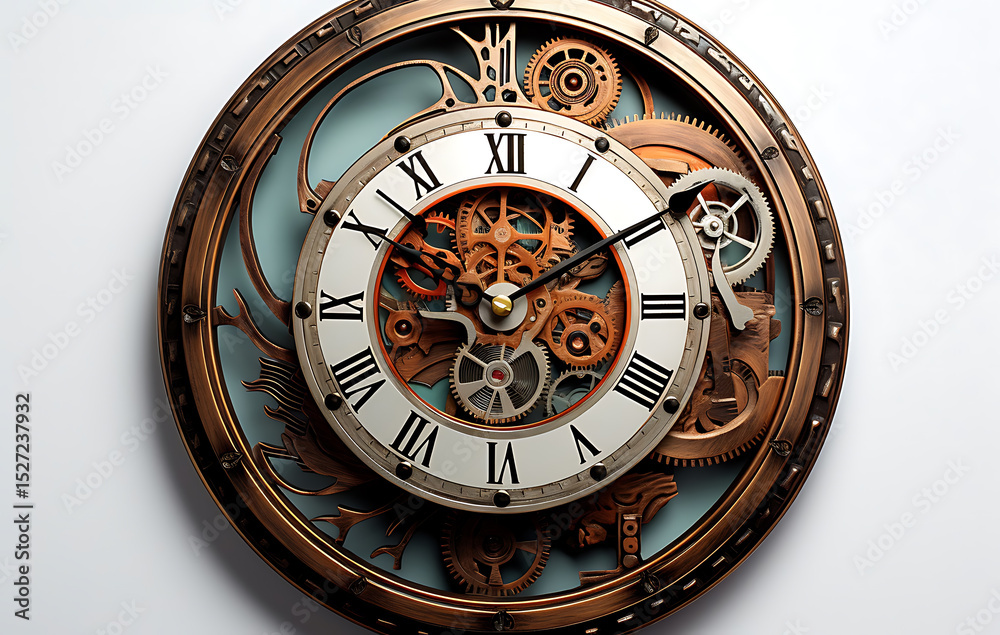 Obraz premium Vintage Timepiece: A close-up shot of a sophisticated clock showcases intricate gears and elegant roman numerals, radiating an aura of timeless allure.