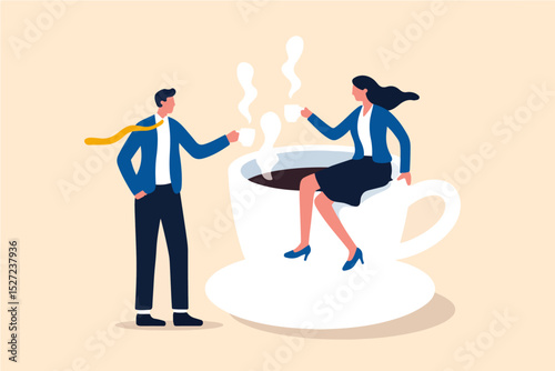 A stylized illustration depicting a coffee break featuring business colleagues enjoying a moment together over a large cup of coffee. Ideal for presentations or marketing.