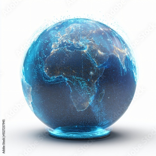 A holographic Earth globe shimmers with streaming blue particle effects against a bright white