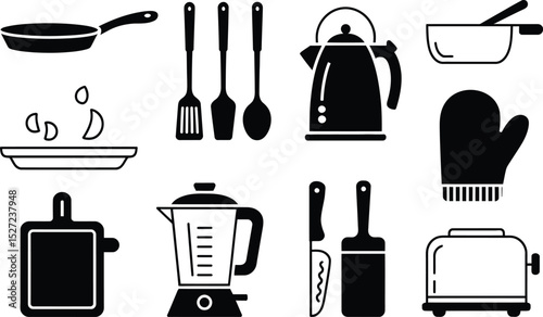 Black and white vector illustrations of kitchen utensils and cooking tools for food preparation