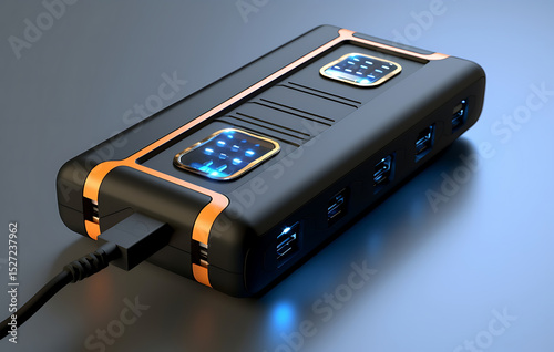Portable Power Bank: A sleek, black portable power bank with orange accents and multiple ports sits on a dark surface, showcasing its modern design and functionality.