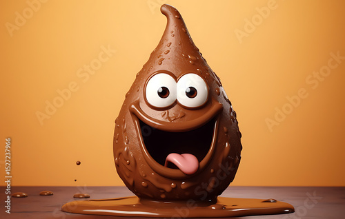  cheerful chocolate drop character with expressive eyes and a wide smile, melting slightly on a dark wooden surface against a warm orange background.