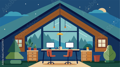 The cabins loft has been converted into a shared office space with two desks overlooking the cozy living room below.. Vector illustration