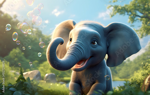 Playful Elephant: Captivating image of a cheerful elephant cub surrounded by playful bubbles, conveying a sense of innocence and joy in a lush, verdant environment.