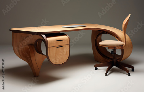 Elegant Workspace: An exquisite display of modern office furniture, featuring a uniquely designed wooden desk and matching chair, perfect for a contemporary home or professional office space.