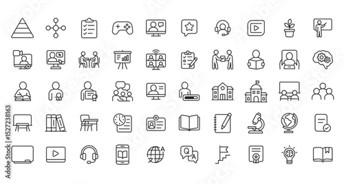 Set of Education and E-learning Line Icons – Outline Vector Style for School, Teaching, and Online Learning Concepts