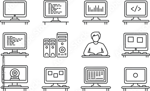 Collection of minimalist computer icons representing technology and software development
