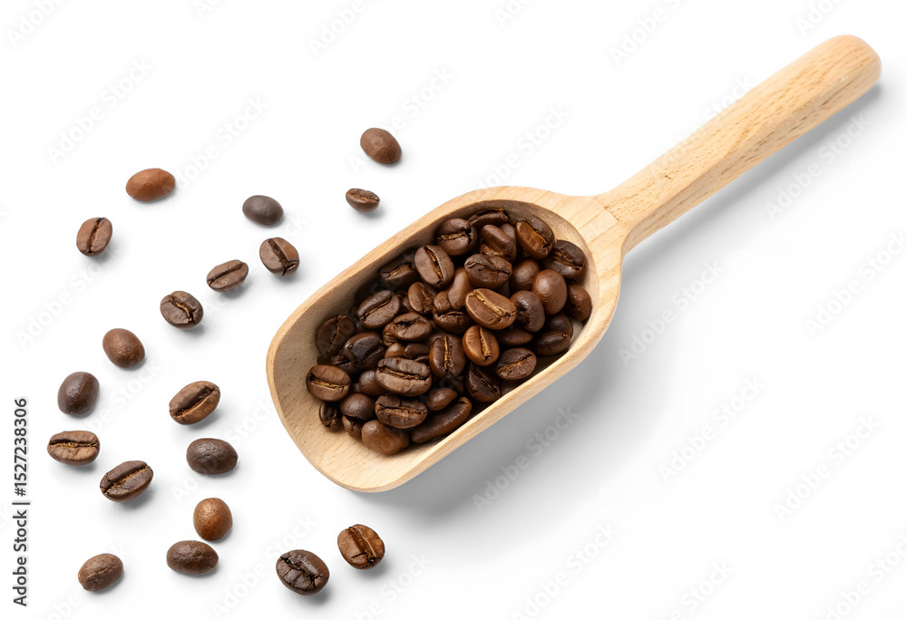 Fototapeta premium Coffee beans on wooden spoon isolated on white or transparent background