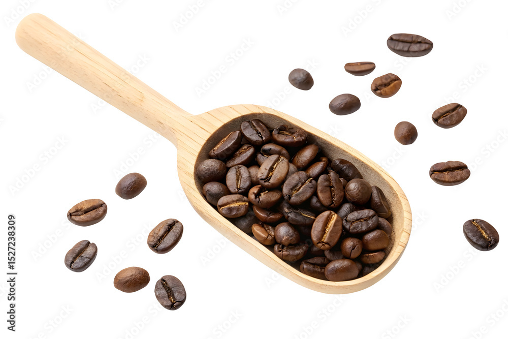 Obraz premium Coffee beans on wooden spoon isolated on white or transparent background