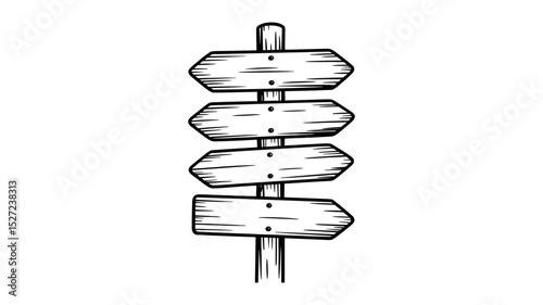 Blank Vintage Directional Wooden Signpost with Multiple Arrows – Hand Drawn Vector Illustration