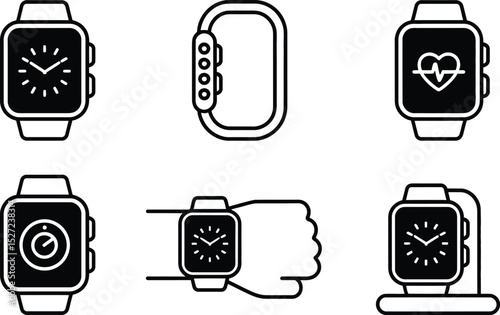 Modern smartwatch icons depicting fitness tracking and time measurement in vector format