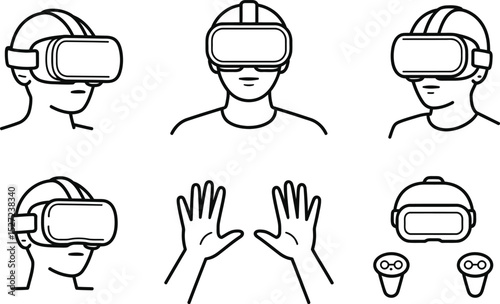 Illustrated vector graphics of people wearing virtual reality headsets and using hand controllers.