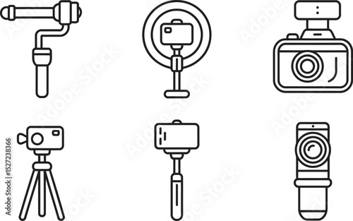 Black line art illustrations of various modern video recording equipment and accessories