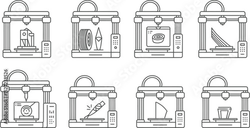 Illustrated set of 3d printer icons showcasing diverse printing projects and technologies