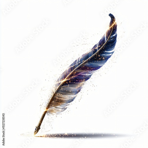A stylized feather quill with laser light and small particles on a clean white background surface.
