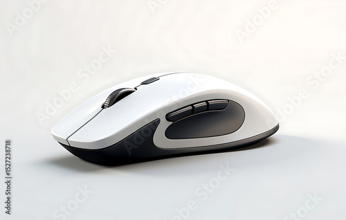 Black and white wireless computer mouse on white background with buttons, scroll wheel and optical sensor.
