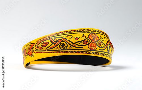 beautifully detailed, yellow headband, adorned with intricate, eye-catching ornamental designs, offering a burst of color and artistic flair. 