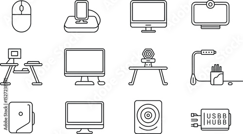 Simple line art icons of computer accessories for modern technology and design