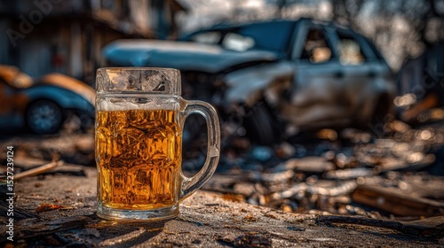 A frosty beer mug sits in the foreground, with a blurred, abandoned vehicle and debris creating an urban backdrop.