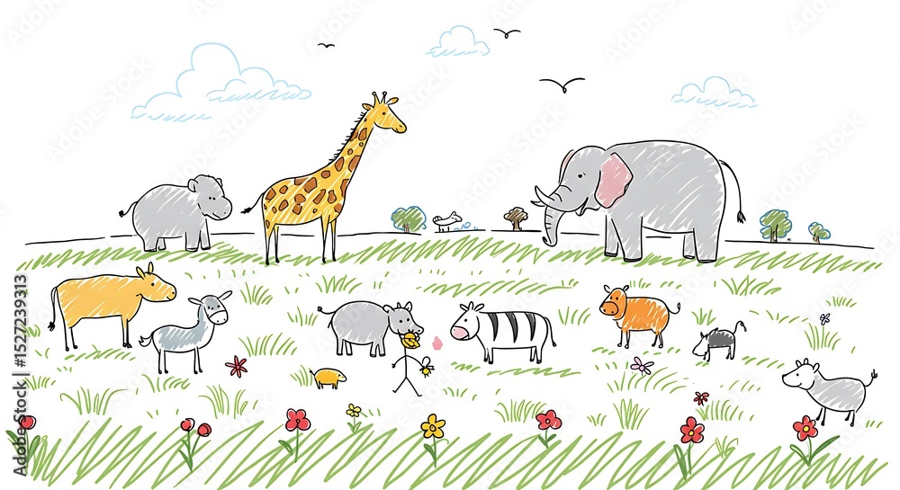 Obraz premium A playful children's drawing of animals in a field with stick figures and bright colors, resembling a kid's sketch, centered on a clean white background 