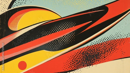 Retro Futuristic Abstract Art:  A Dynamic Composition of Red, Yellow, and Black