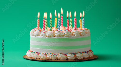 Colorful birthday cake with glowing candles on the green background